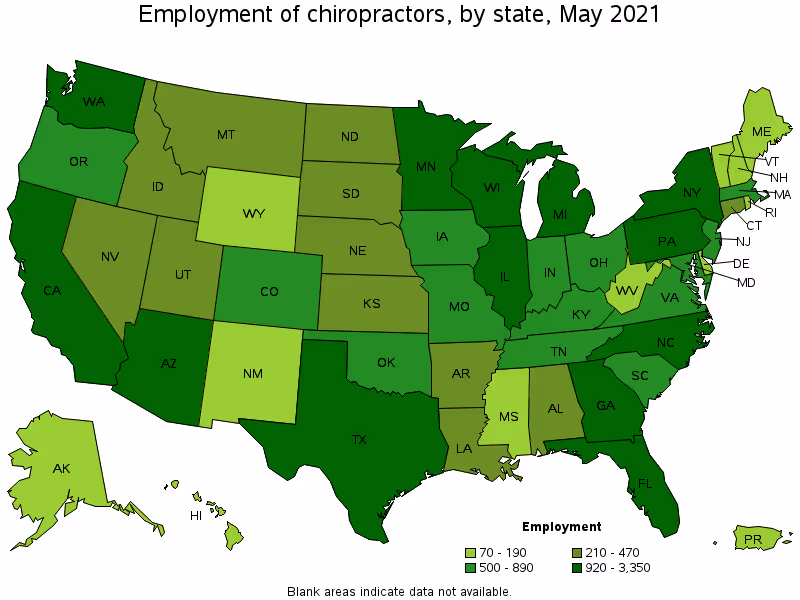 Employment of Chiropractors, by state, May 2021