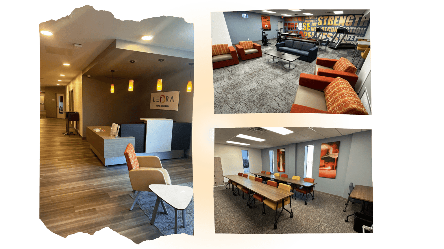 a collage of photos of a conference room